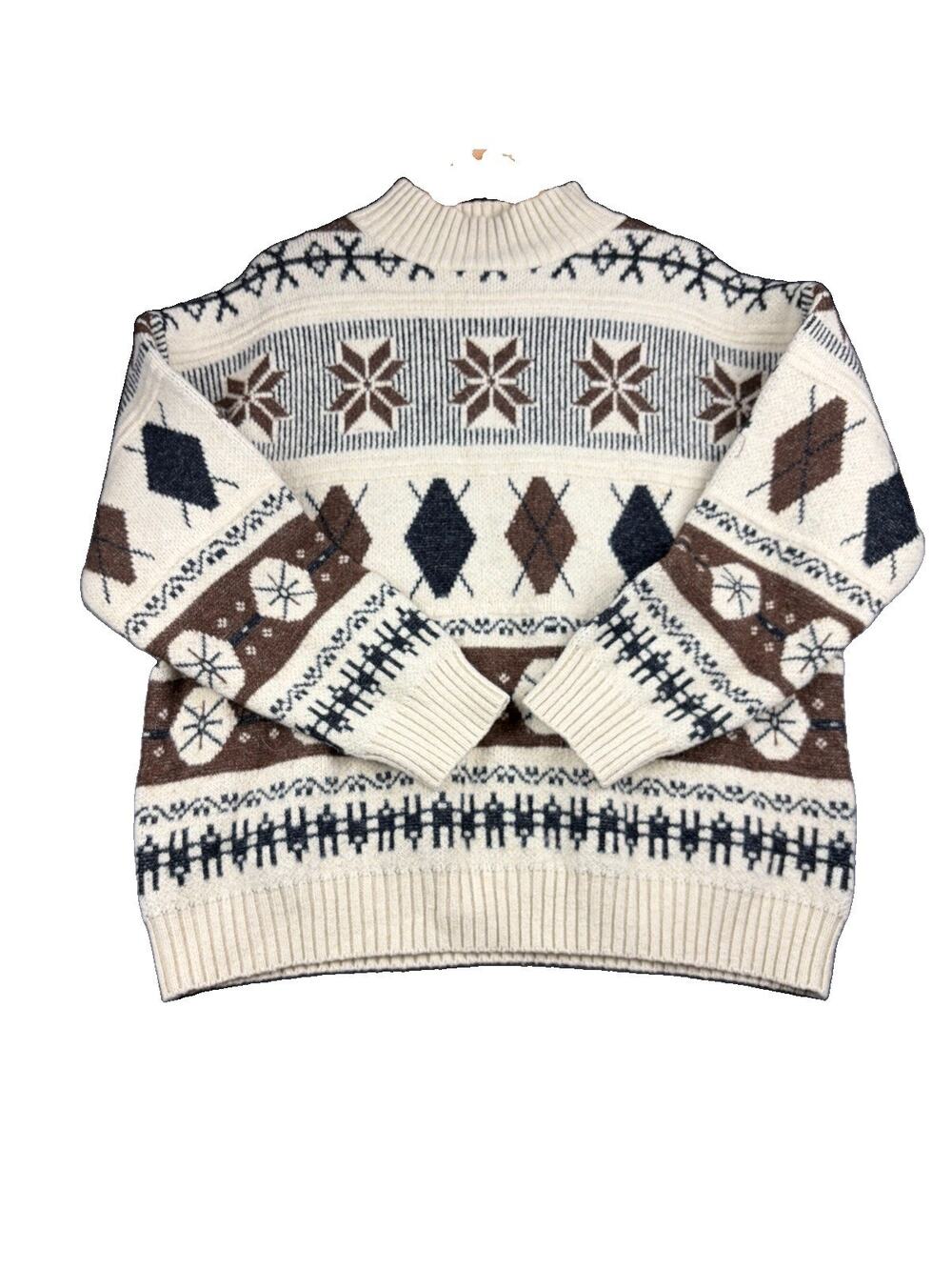Heimish Sweater Women’s 2XL Cream Brown Fair Isle Nordic Mock Neck
